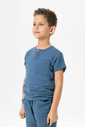 Kısa Kol Batı Cep Detaylı Yazlık Müslin Erkek Çocuk Tshirt İndigo indg