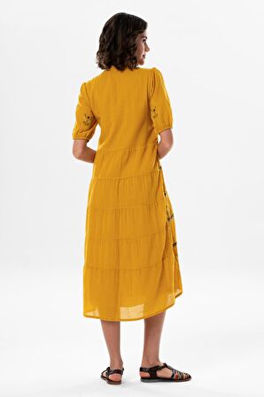 Kısa Kol Vual Nakışlı V Yaka Reyhan Uzun Yazlık Otantik Elbise Hardal Hrd