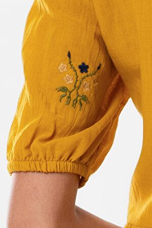 Kısa Kol Vual Nakışlı V Yaka Reyhan Uzun Yazlık Otantik Elbise Hardal Hrd