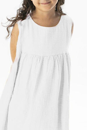 Kolsuz Bilge Yazlık Müslin Çocuk Elbise Beyaz Byz