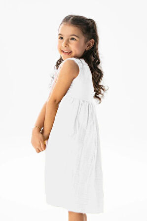 Kolsuz Bilge Yazlık Müslin Çocuk Elbise Beyaz Byz