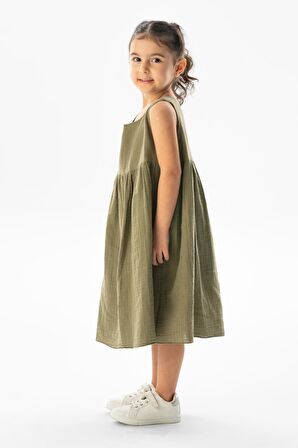 Kolsuz Bilge Yazlık Müslin Çocuk Elbise Haki Hk