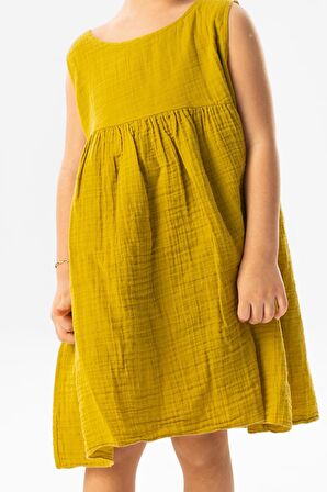 Kolsuz Bilge Yazlık Müslin Çocuk Elbise Hardal Hrd