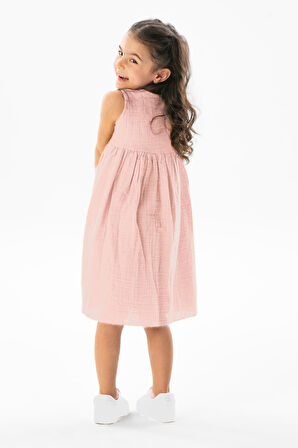 Kolsuz Bilge Yazlık Müslin Çocuk Elbise Pudra Pdr
