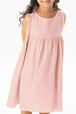 Kolsuz Bilge Yazlık Müslin Çocuk Elbise Pudra Pdr