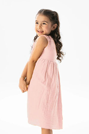 Kolsuz Bilge Yazlık Müslin Çocuk Elbise Pudra Pdr