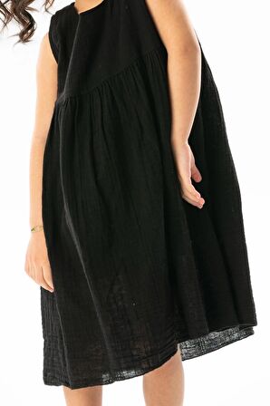 Kolsuz Bilge Yazlık Müslin Çocuk Elbise Siyah Syh