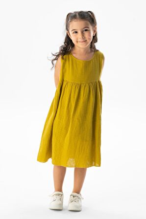 Kolsuz Bilge Yazlık Müslin Çocuk Elbise Yağ Yeşili Ygysl