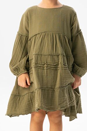 Uzun Kol İlay Yazlık Müslin Çocuk Elbise Haki Hk