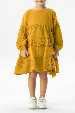Uzun Kol İlay Yazlık Müslin Çocuk Elbise Hardal Hrd