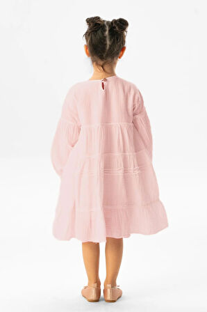 Uzun Kol İlay Yazlık Müslin Çocuk Elbise Pudra Pdr