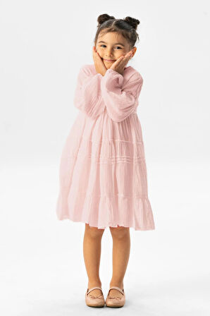 Uzun Kol İlay Yazlık Müslin Çocuk Elbise Pudra Pdr