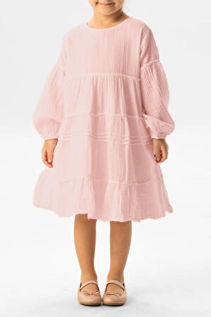 Uzun Kol İlay Yazlık Müslin Çocuk Elbise Pudra Pdr