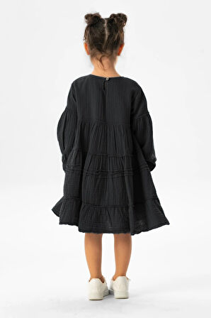 Uzun Kol İlay Yazlık Müslin Çocuk Elbise Siyah Syh