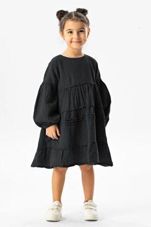 Uzun Kol İlay Yazlık Müslin Çocuk Elbise Siyah Syh