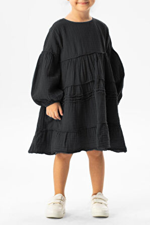 Uzun Kol İlay Yazlık Müslin Çocuk Elbise Siyah Syh