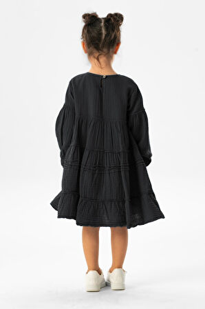 Uzun Kol İlay Yazlık Müslin Çocuk Elbise Siyah Syh