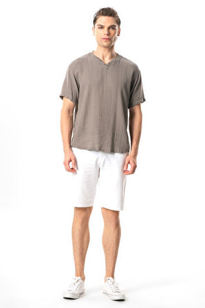 Kısa Kol Erkek Ribanalı Yazlık Müslin Tshirt Gri Gri