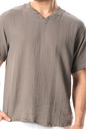 Kısa Kol Erkek Ribanalı Yazlık Müslin Tshirt Gri Gri