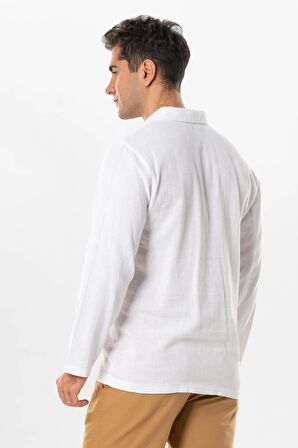 Uzun Kol Foça Violet Erkek Yazlık Tshirt Beyaz Byz