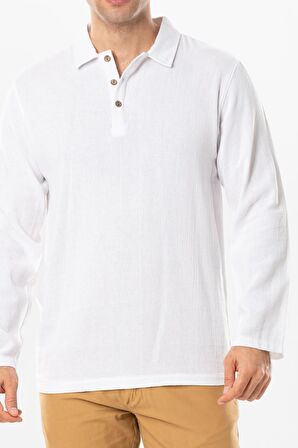 Uzun Kol Foça Violet Erkek Yazlık Tshirt Beyaz Byz