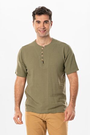Halikarnas Kısa Kol Violet Düğme Detaylı Erkek Yazlık Tshirt Haki Hk