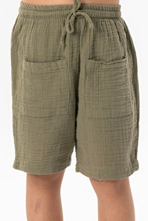 Batı Cep Detaylı Yazlık Müslin Erkek Çocuk Şort Haki Hk