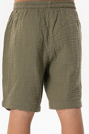 Batı Cep Detaylı Yazlık Müslin Erkek Çocuk Şort Haki Hk