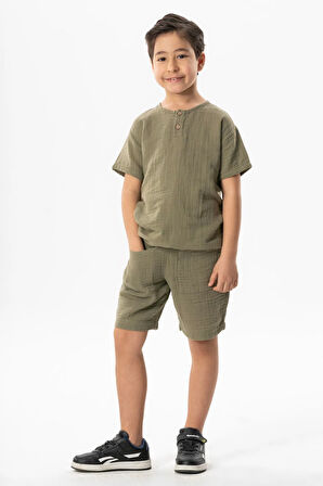Batı Cep Detaylı Yazlık Müslin Erkek Çocuk Şort Haki Hk