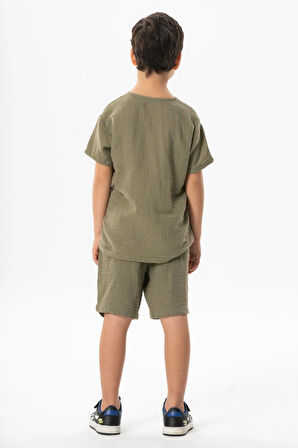 Batı Cep Detaylı Yazlık Müslin Erkek Çocuk Şort Haki Hk