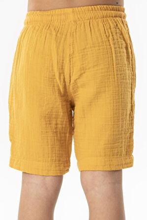 Batı Cep Detaylı Yazlık Müslin Erkek Çocuk Şort Hardal Hrd