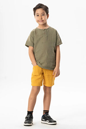 Batı Cep Detaylı Yazlık Müslin Erkek Çocuk Şort Hardal Hrd
