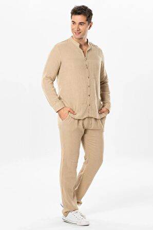 Müslin Beli Lastikli Çift Cepli Erkek Yazlık Pantolon Vizon Vzn