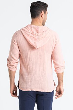 Uzun Kol Erkek Kapüşonlu Yazlık Müslin Sweatshirt Pudra Pdr