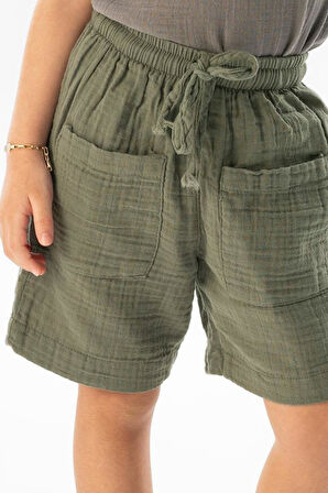 Batı Cep Detaylı Yazlık Müslin Kız Çocuk Şort Haki Hk