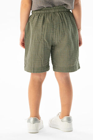 Batı Cep Detaylı Yazlık Müslin Kız Çocuk Şort Haki Hk