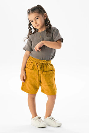 Batı Cep Detaylı Yazlık Müslin Kız Çocuk Şort Hardal Hrd