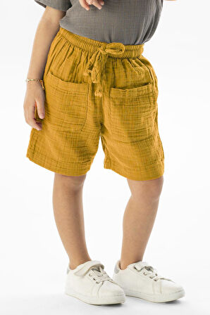 Batı Cep Detaylı Yazlık Müslin Kız Çocuk Şort Hardal Hrd