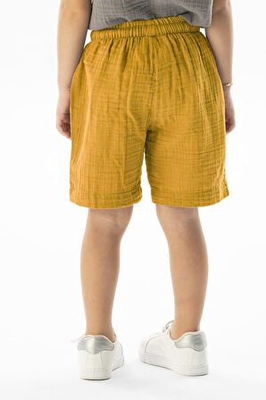 Batı Cep Detaylı Yazlık Müslin Kız Çocuk Şort Hardal Hrd