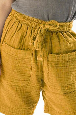 Batı Cep Detaylı Yazlık Müslin Kız Çocuk Şort Hardal Hrd