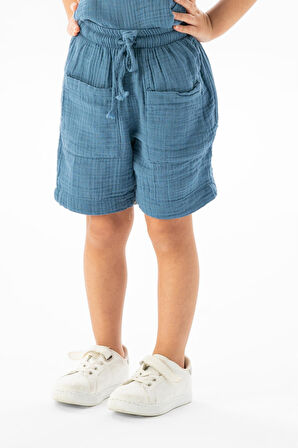 Batı Cep Detaylı Yazlık Müslin Kız Çocuk Şort İndigo indg