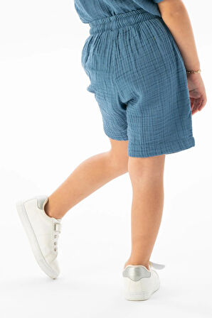 Batı Cep Detaylı Yazlık Müslin Kız Çocuk Şort İndigo indg