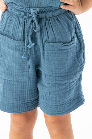 Batı Cep Detaylı Yazlık Müslin Kız Çocuk Şort İndigo indg