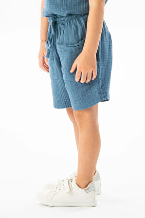 Batı Cep Detaylı Yazlık Müslin Kız Çocuk Şort İndigo indg