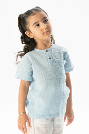 Kısa Kol Batı Cep Detaylı Yazlık Müslin Kız Çocuk Tshirt Buz Mavi Bmv