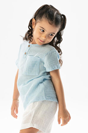 Kısa Kol Batı Cep Detaylı Yazlık Müslin Kız Çocuk Tshirt Buz Mavi Bmv