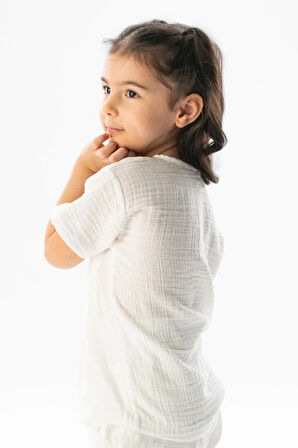 Kısa Kol Batı Cep Detaylı Yazlık Müslin Kız Çocuk Tshirt Beyaz Byz