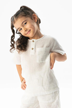 Kısa Kol Batı Cep Detaylı Yazlık Müslin Kız Çocuk Tshirt Beyaz Byz