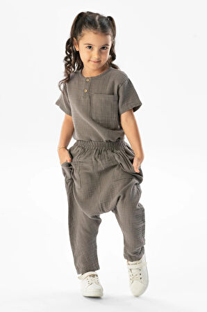 Kısa Kol Batı Cep Detaylı Yazlık Müslin Kız Çocuk Tshirt Gri Gri