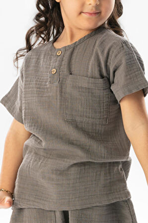 Kısa Kol Batı Cep Detaylı Yazlık Müslin Kız Çocuk Tshirt Gri Gri